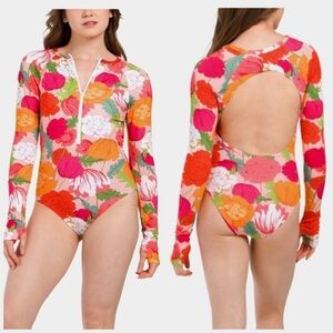 NWT Trina Turk Sunny Bloom Paddle Suit Open Back Rash Guard Swimsuit XL Floral